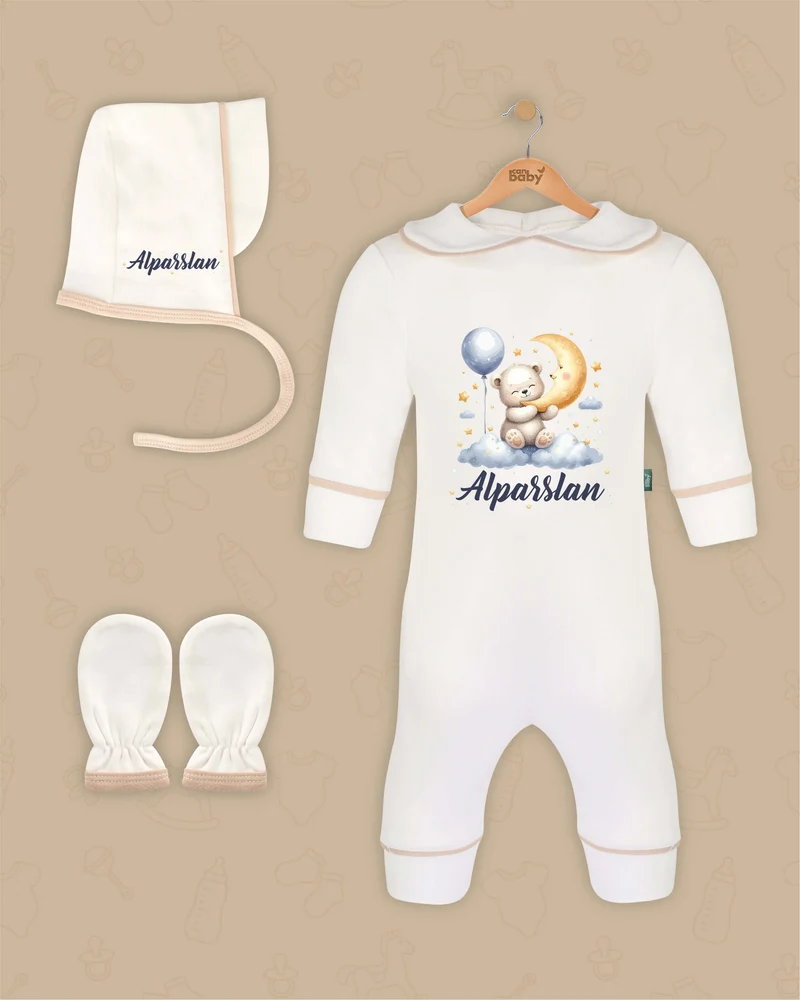Maanlicht Knuffelbeer | Boxpakje met Muts en Anti-krabwantjes | Beige en Marineblauw | Luxe Baby Cadeau