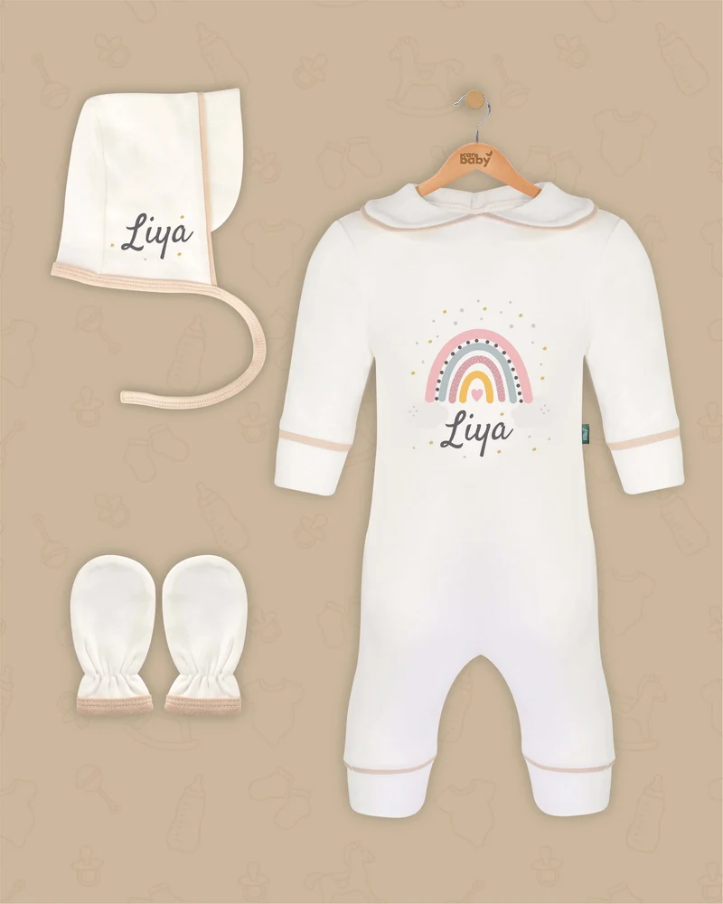 Regenboog | Boxpakje met Muts en Anti-krabwantjes | Beige en Marineblauw | Luxe Baby Cadeau