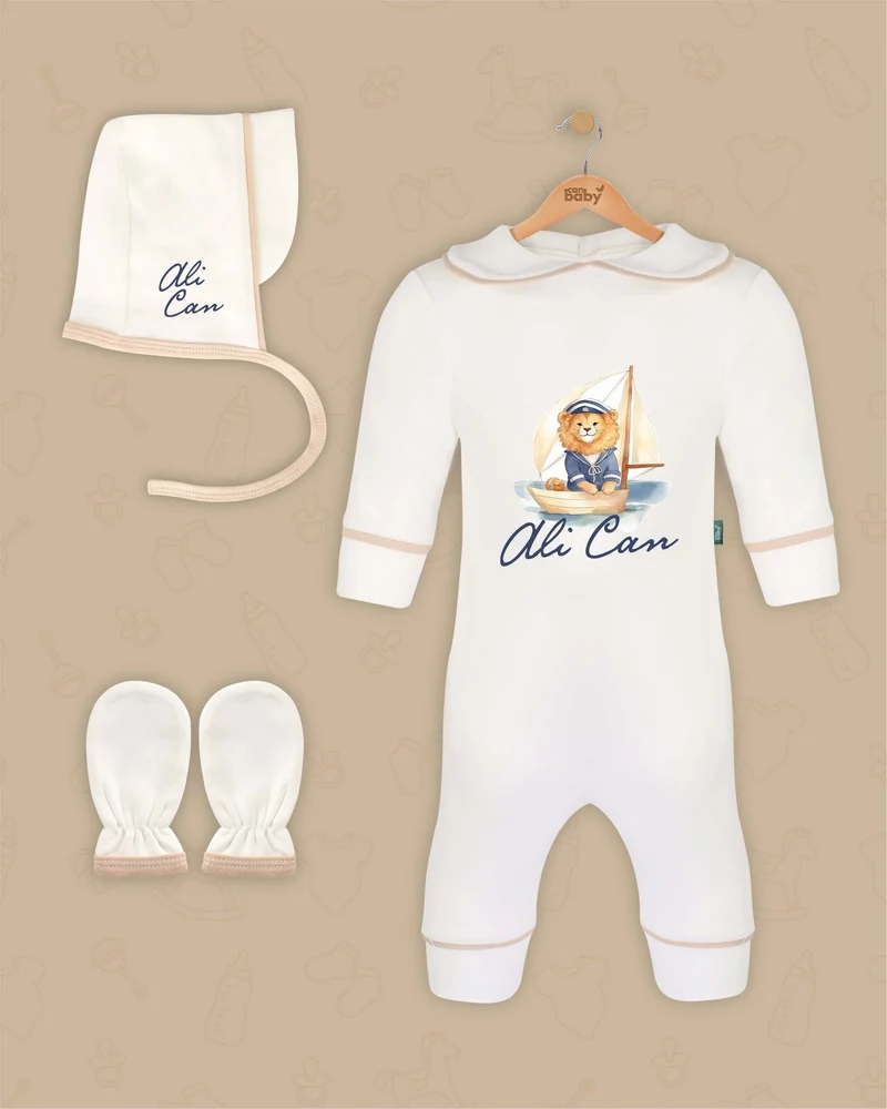 Kapitein Leeuw | Boxpakje met Muts en Anti-krabwantjes | Beige en Marineblauw | Luxe Baby Cadeau