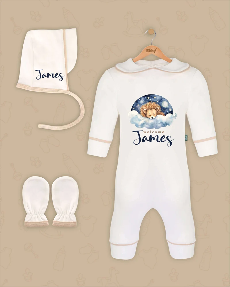 Sterrenhemel leeuwtje | Boxpakje met Muts en Anti-krabwantjes | Beige en Marineblauw | Luxe Baby Cadeau