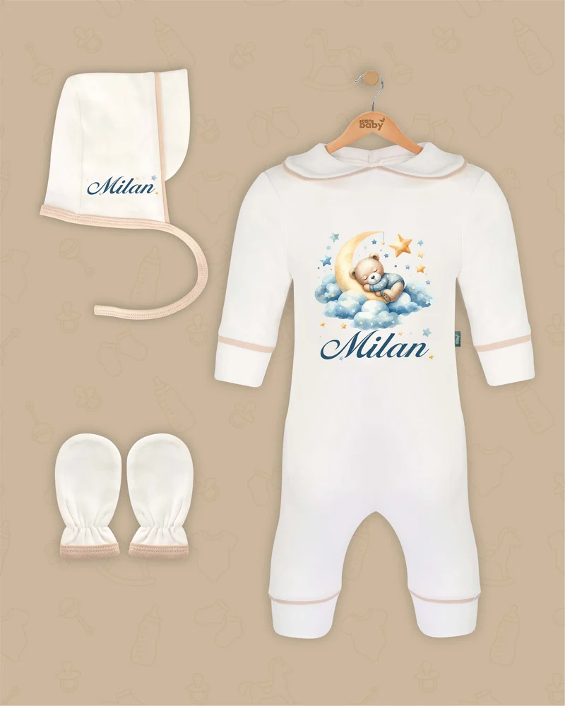 Slapende beer op wolken | Boxpakje met Muts en Anti-krabwantjes | Beige en Marineblauw | Luxe Baby Cadeau