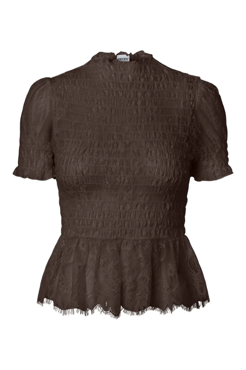 Pieces - Pcjilly Ss Lace Top - 5185375 Hot Fudge