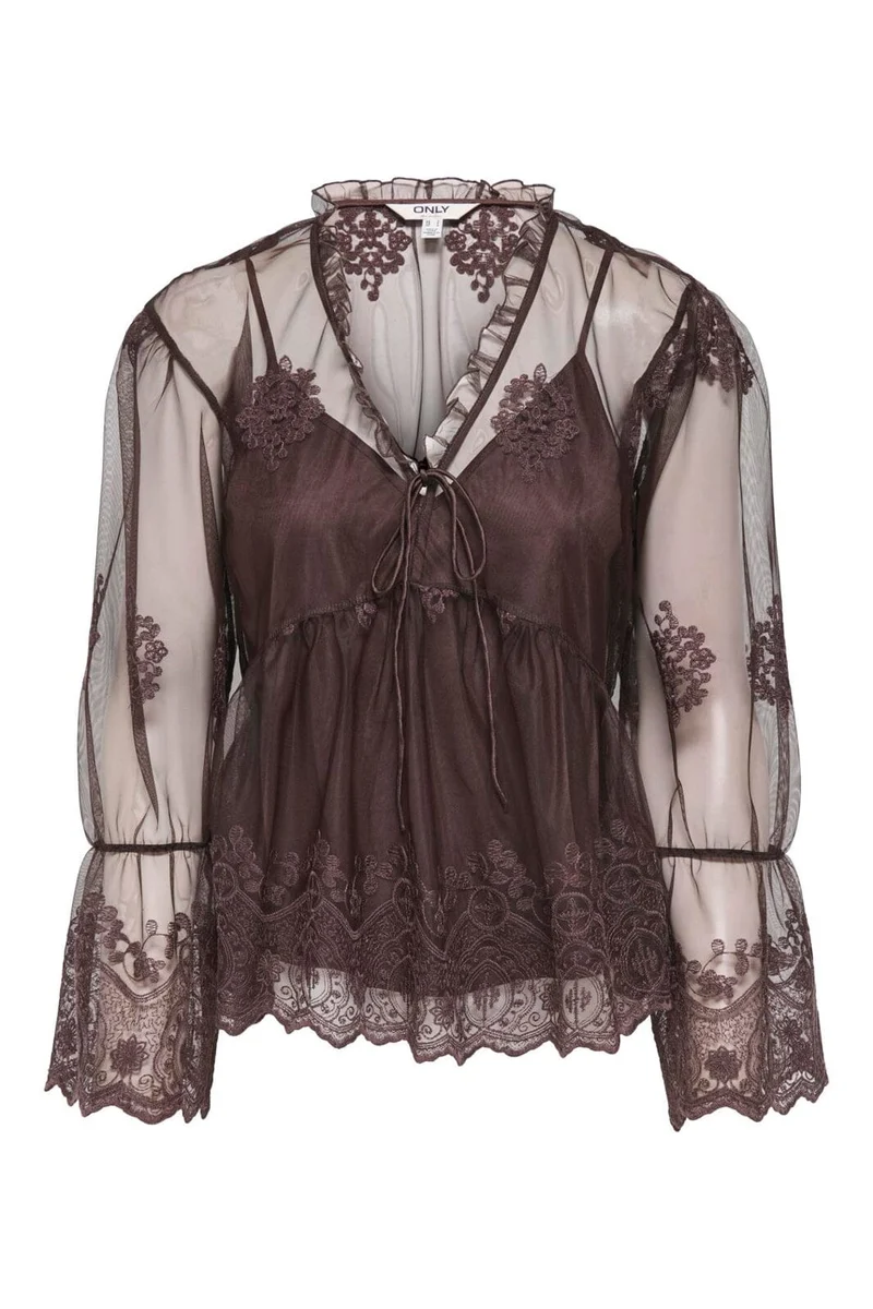 Only - Onlcamy Ls Mesh Emb Top - 5121001 Black Coffee