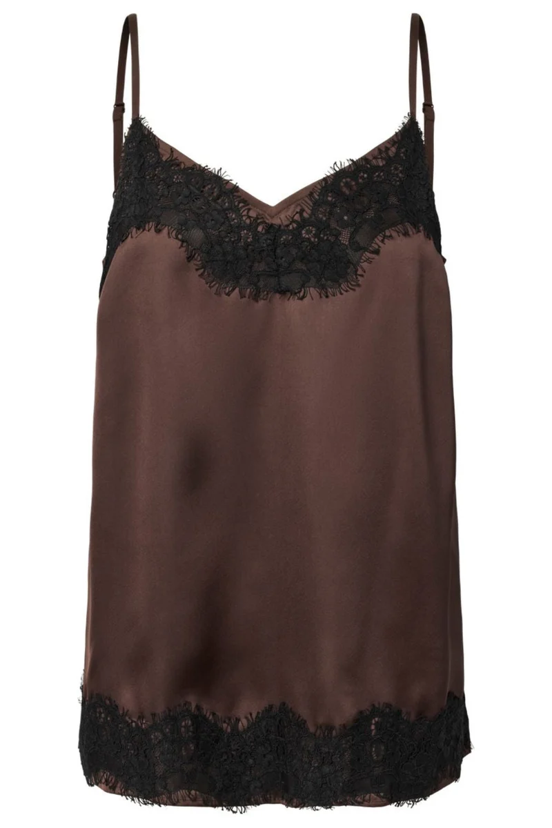 Pieces - Pcariel Sl Lace Detail Top Pp - 5100323 Hot Fudge Black Lace