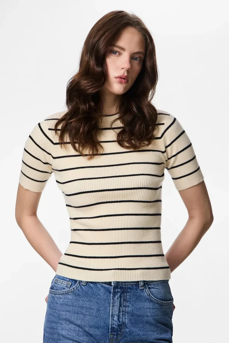 Pieces - Pcmira Ss O-Neck Knit - 4899817 Birch Black Narrow