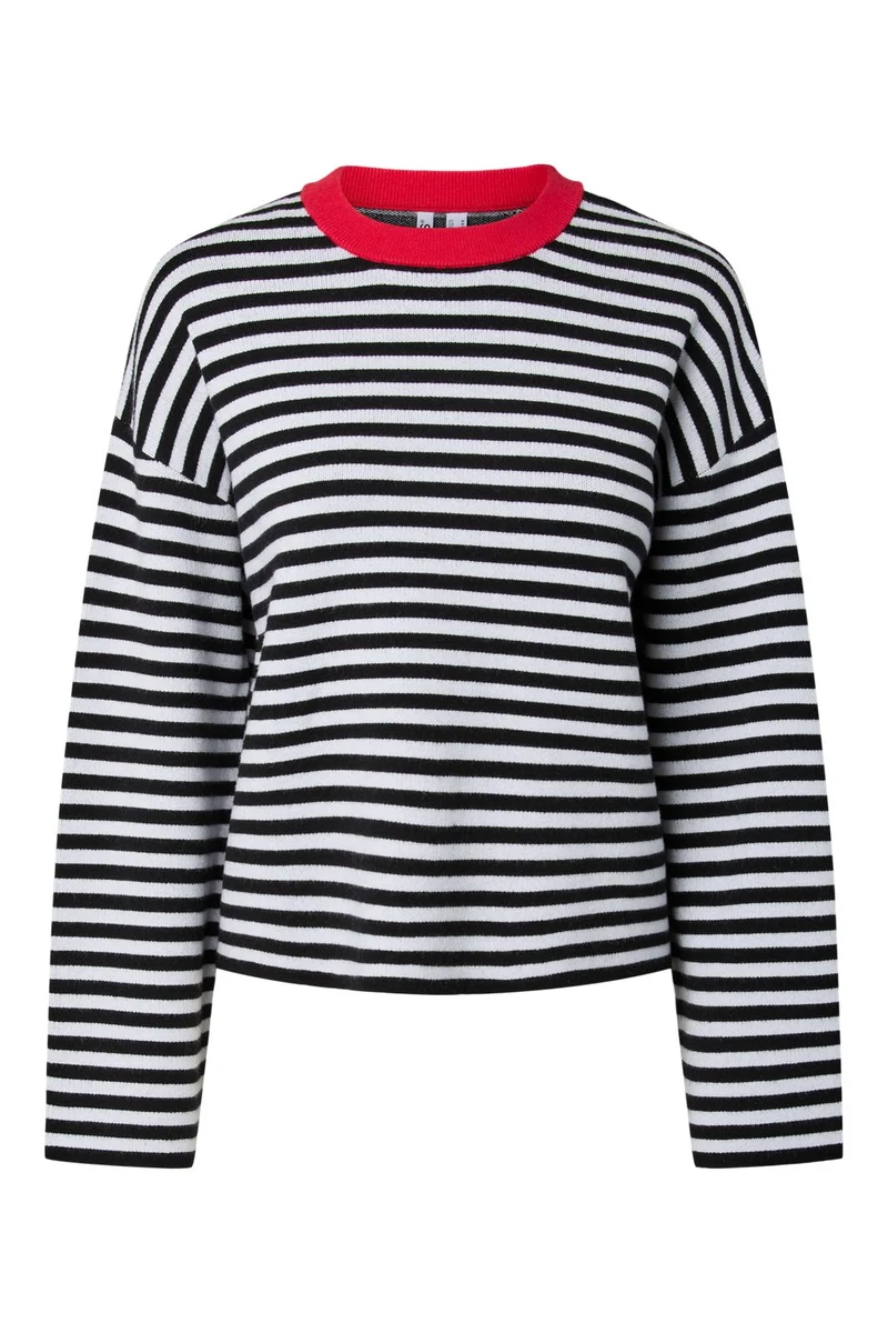 Pieces - Pcjassy Ls O-Neck Knit - 5179128 Black Cloud Dancer + High Risk Red Neck