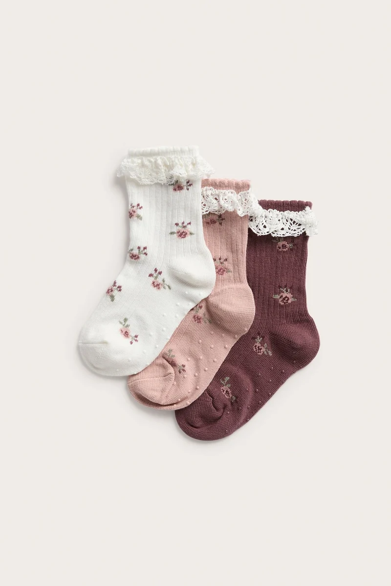 Kids 3-pack socks with floral pattern