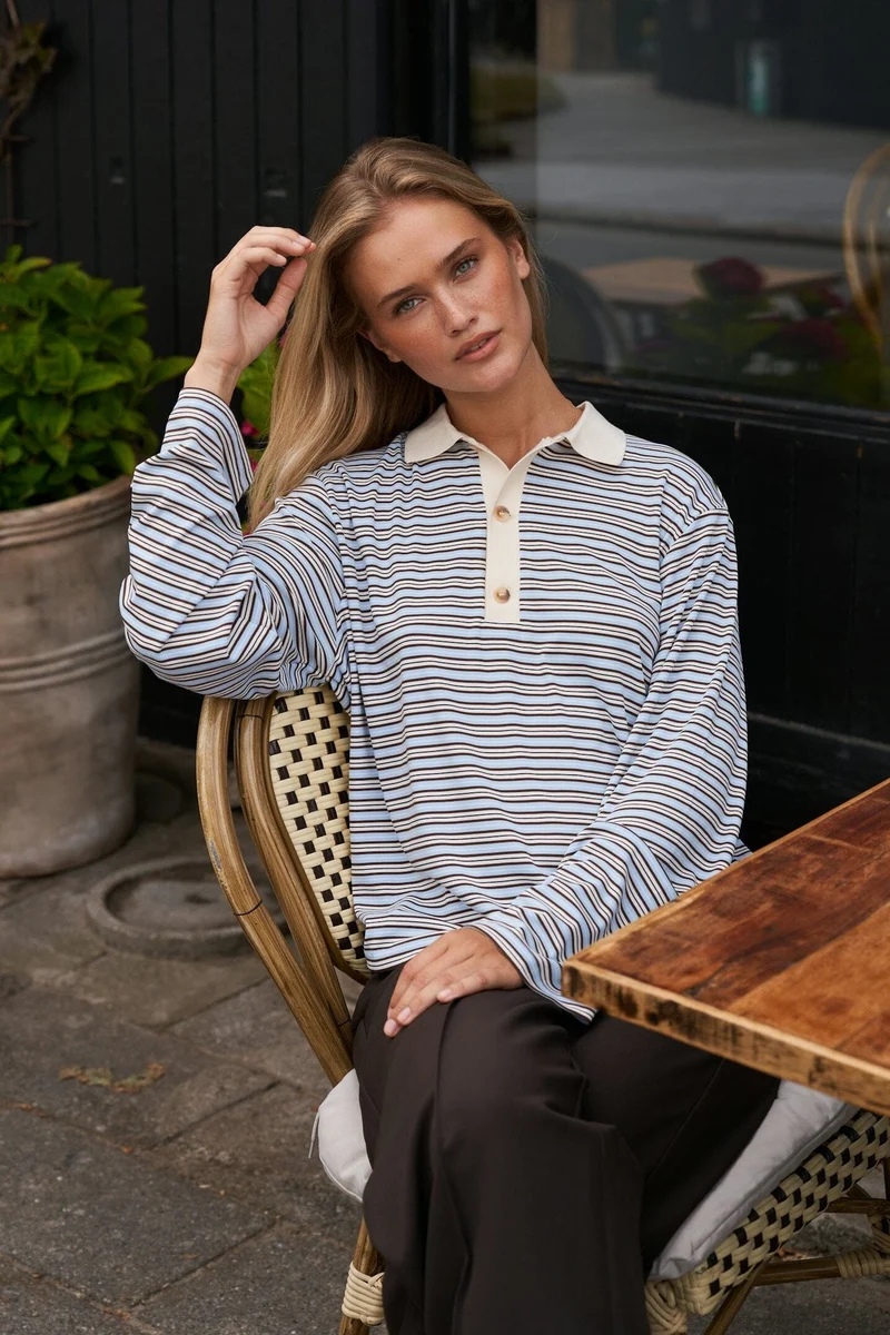 Neo Noir - Lirenne Striped Polo Blouse 169606 - 145 - Light Blue