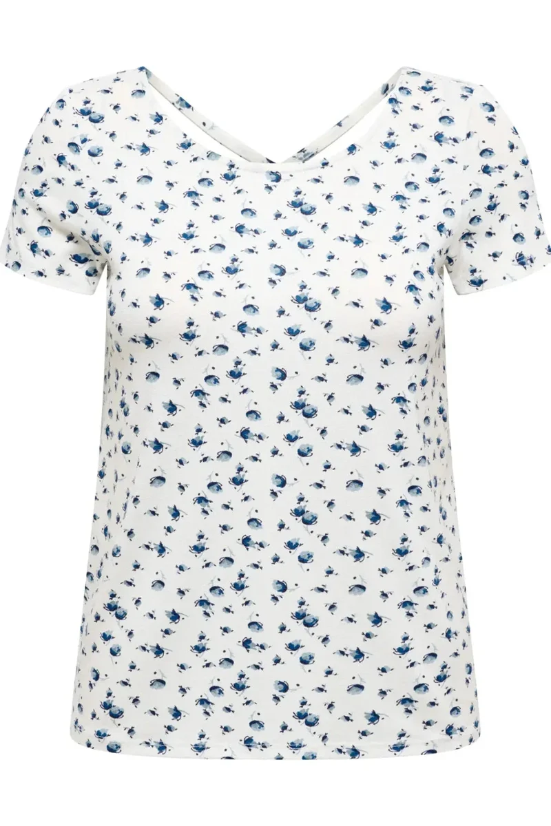 Only - Onlbera Back Lace Up S/S Top - 4967491 Cloud Dancer Tania Blue Flower