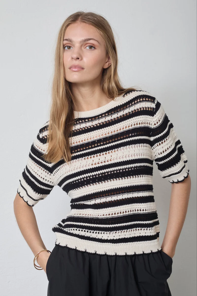 Co´Couture - Odettecc Stripe Ss O-Knit 42018 - 1196 - Offwhite-Black