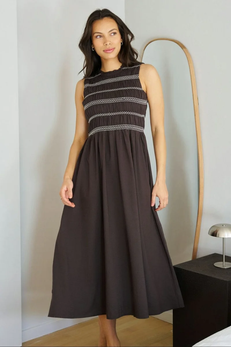 Neo Noir - Atika Deco Smock Dress 166105 - 676 - Dark Brown