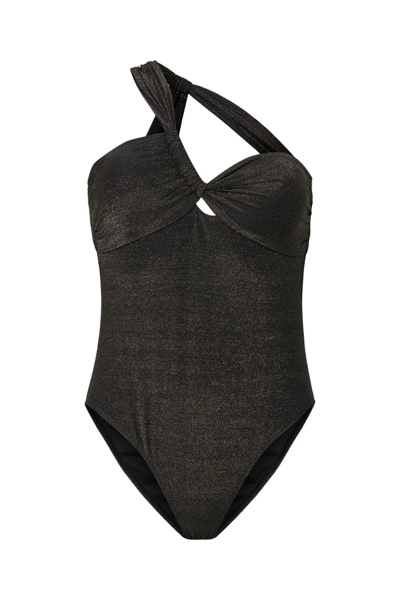 Pieces - Pclaomi Lurex One Shoulder Swimsuit - 4929406 Black Gold Lurex
