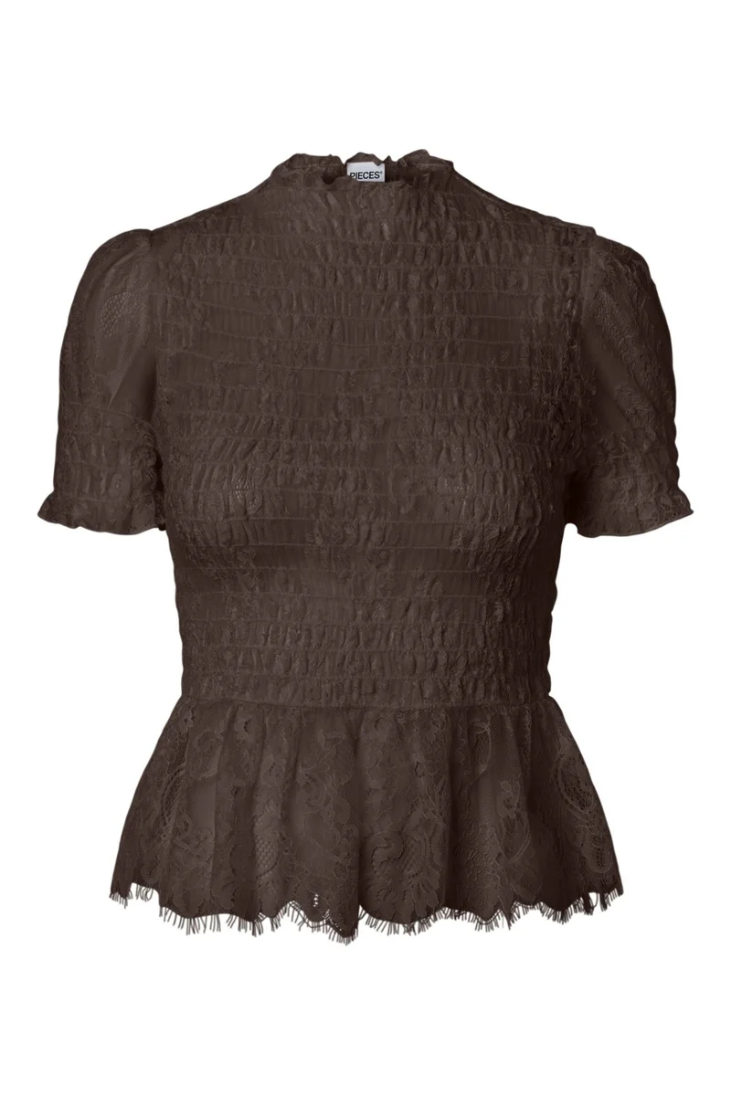 Pieces - Pcjilly Ss Lace Top - 5185375 Hot Fudge