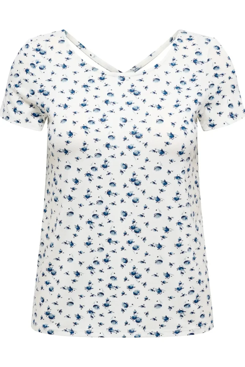 Only - Onlbera Back Lace Up S/S Top - 4967491 Cloud Dancer Tania Blue Flower