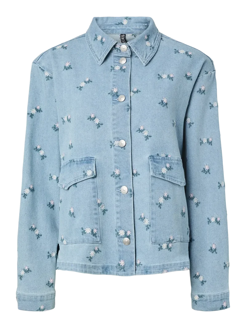 Pieces - Pcflora Ls Denim Emb Shirt - 5068169 Light Blue Denim Pink Flower Embroidery