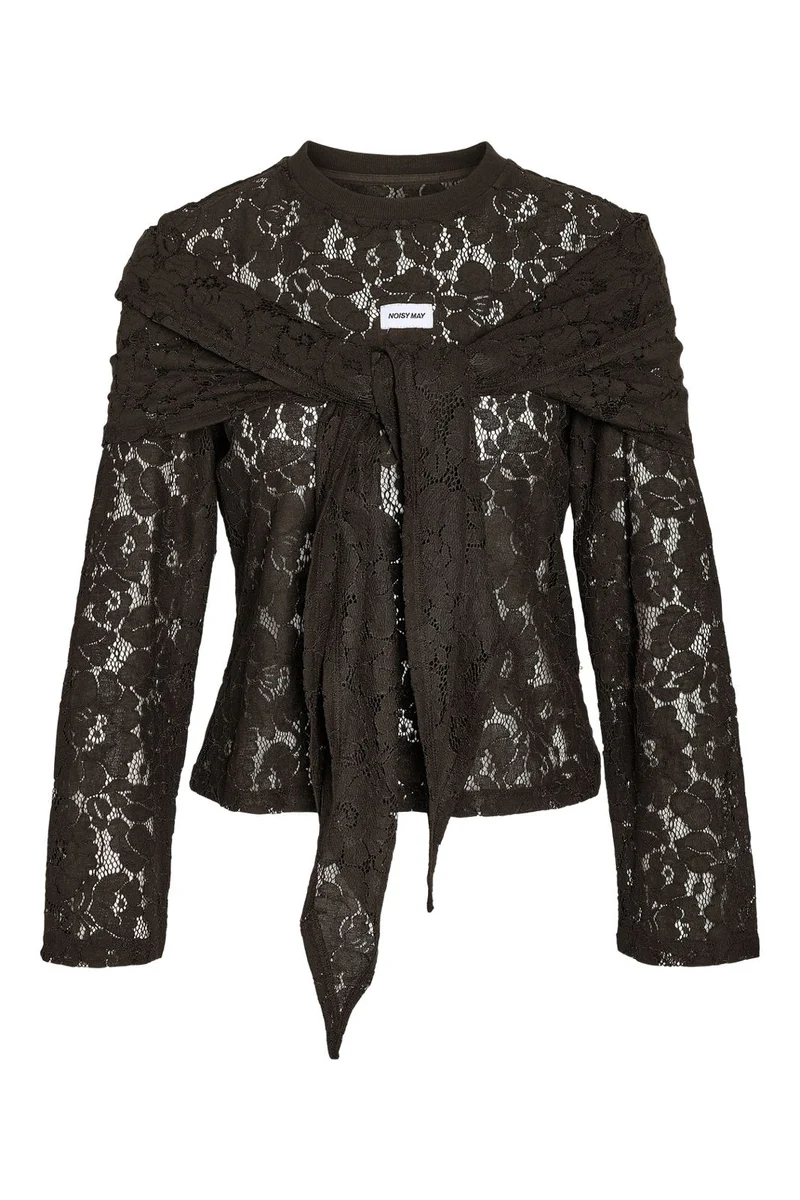 Noisy May - Nmvenna L/S Scarf Lace Top - 5264271 Demitasse