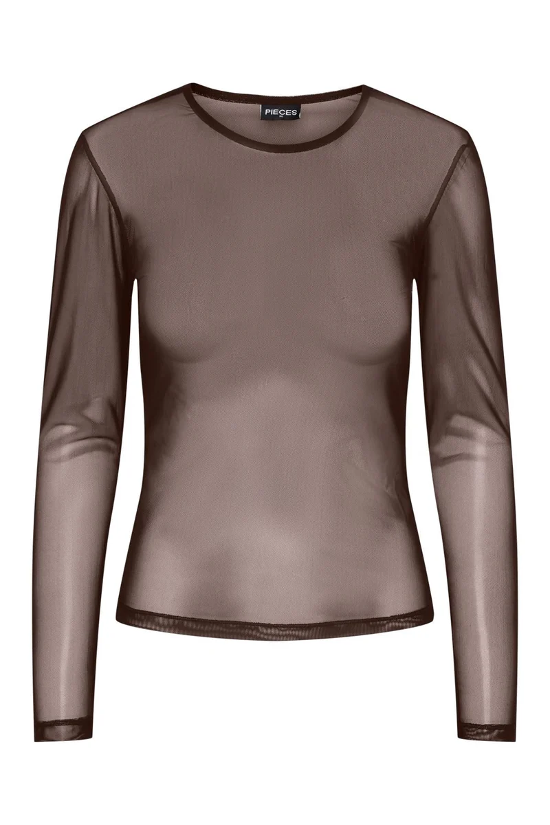 Pieces - Pcninni Ls Mesh Top - 5100655 Hot Fudge