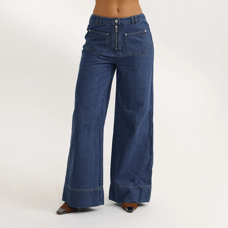 Högmidjade Jeans med vida ben - Blå