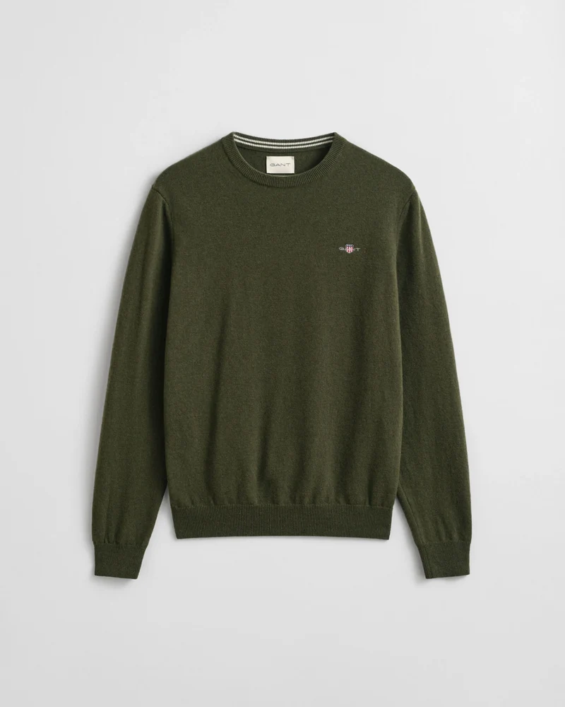 GANT Superfine Lambswool Round Neck - Khaki Green Melange