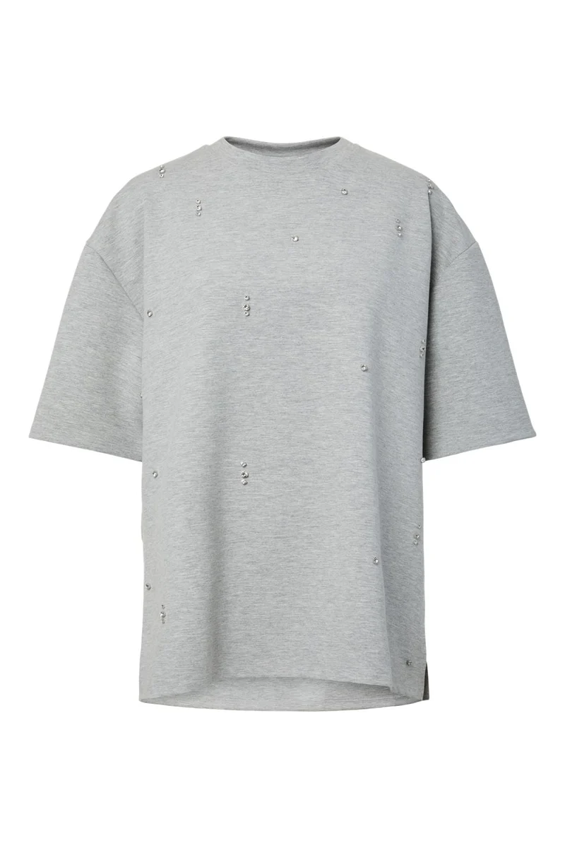 Pieces - Pcmuna Ss Oversize Detail Tee - 4993133 Medium Grey Melange Rhinestone