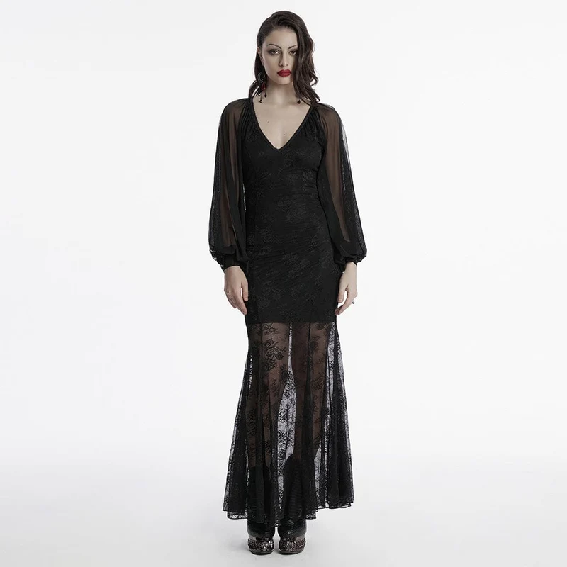 Gothic Plunging Batwing ärm Fishtail Klänning för kvinnor