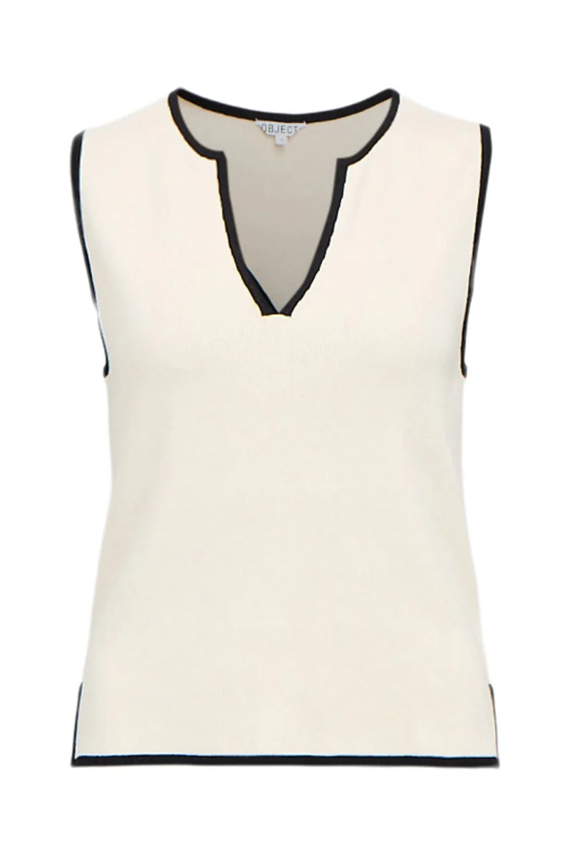 Object - Objviva S/L Re V-Neck Knit Top - 4911667 Birch Black Contrast