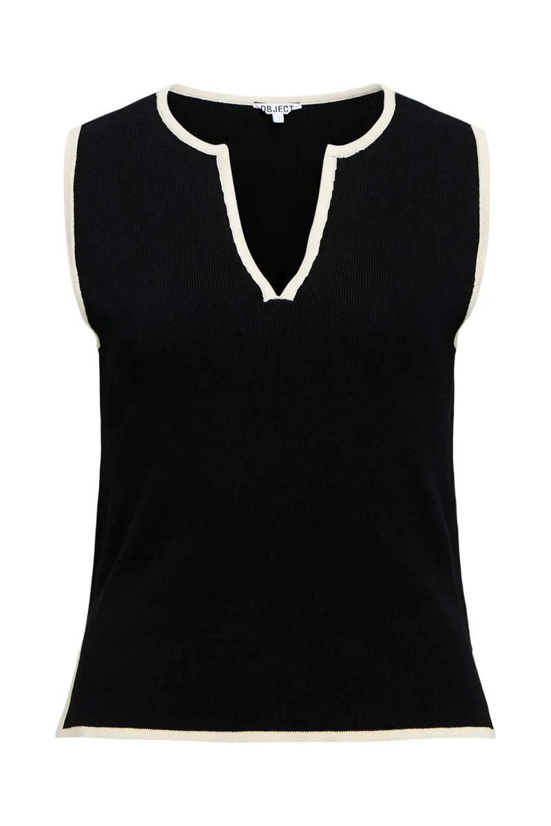 Object - Objviva S/L Re V-Neck Knit Top - 4911665 Black Birch Constrast