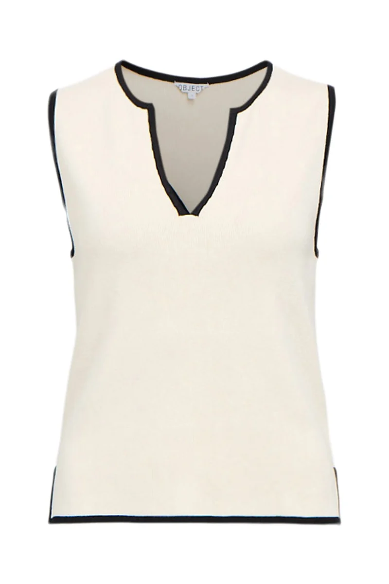 Object - Objviva S/L Re V-Neck Knit Top - 4911667 Birch Black Contrast