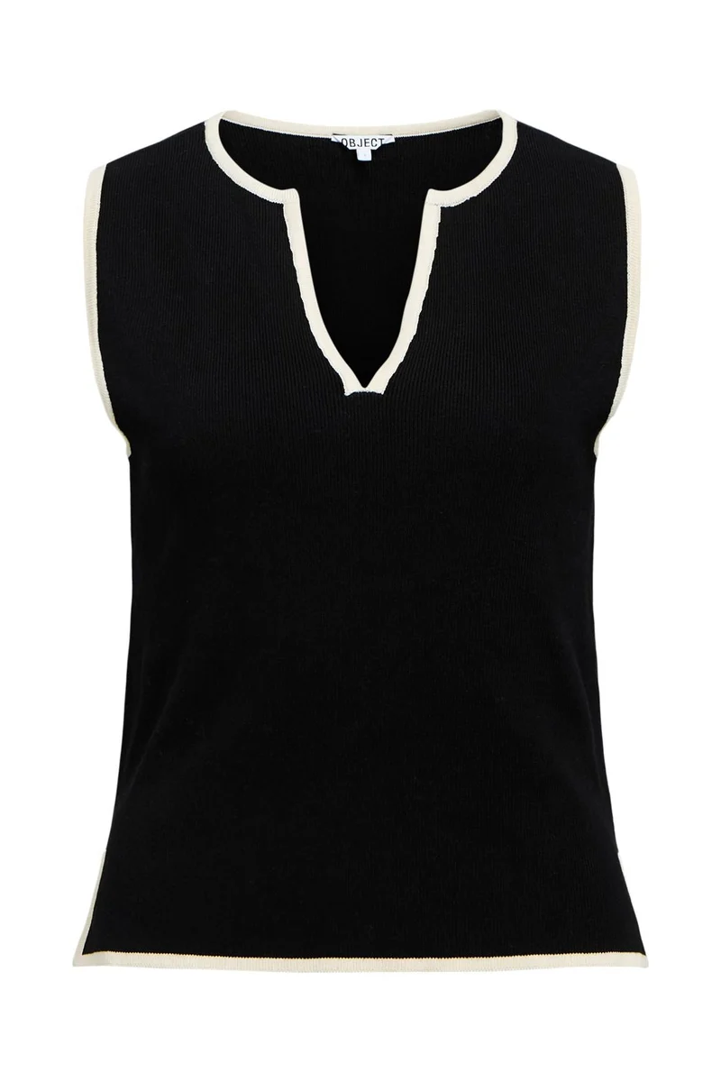 Object - Objviva S/L Re V-Neck Knit Top - 4911665 Black Birch Constrast