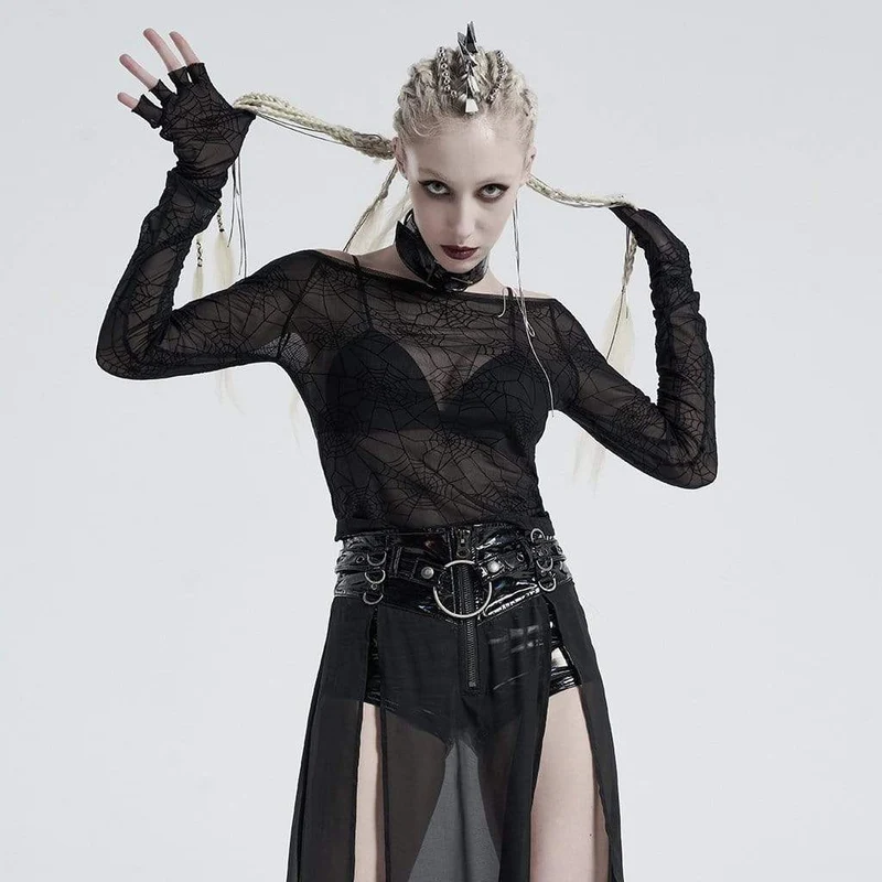 Gothic off-shoulder spindelnät Crop Tops för kvinnor