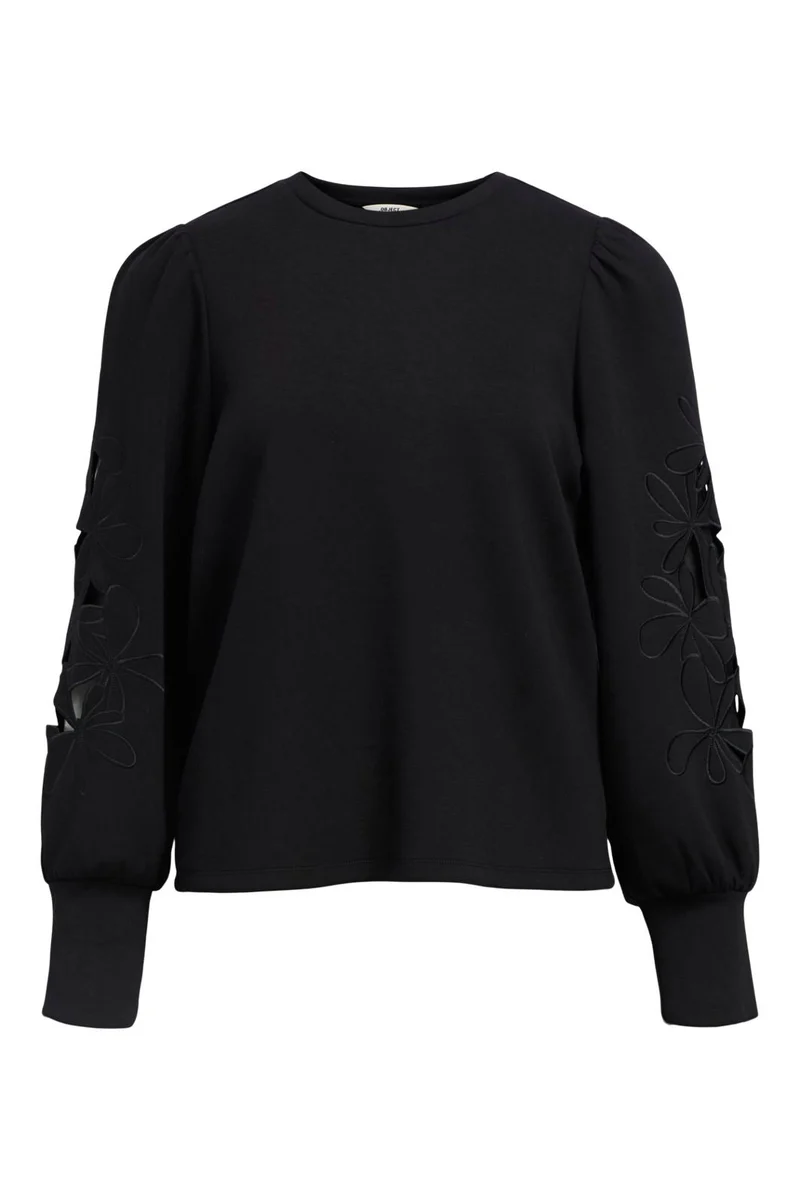 Object - Objandrea Re L/S O-Neck Cutout Top - 4976556 Black Black Embroidery