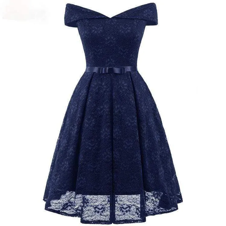 Kvinnors vintage Off Shoulder Spets Festklänningar Brudtärnklänningar med rosett bälte Bröllopsklänning