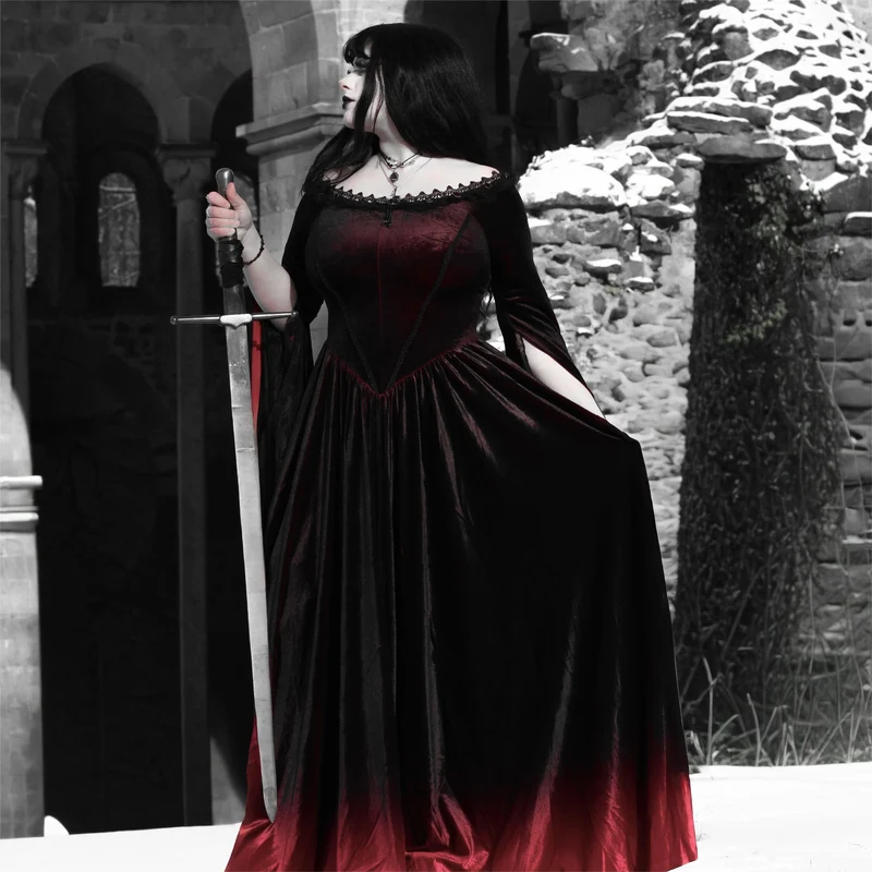 Gothic Gradient Off Shoulder Flare Sleeved Maxiklänning Bröllopsklänning för kvinnor