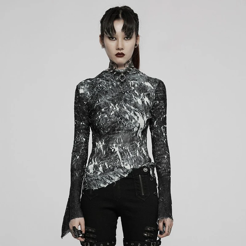 Gothic Tie-dye oregelbunden fåll långärmad skjorta för kvinnor