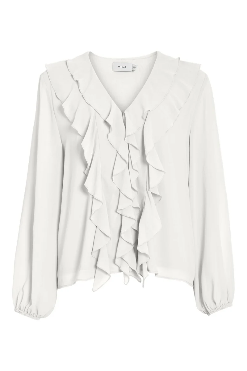Vila - Viane L/S V-Neck Frill Top/Ka - 4977835 Snow White