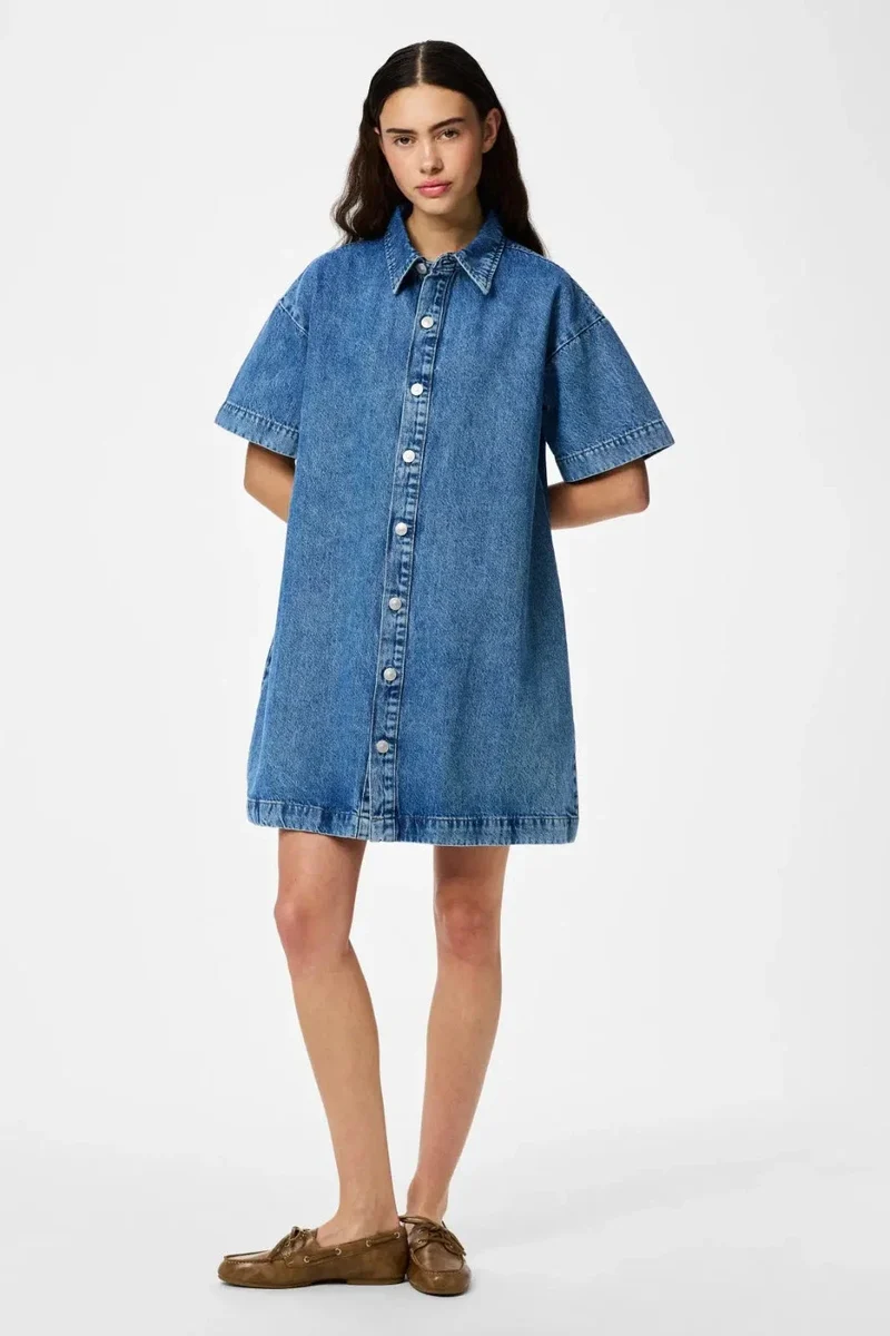 Pieces - Pcsky Ss A-Shape Denim Dress - 4898433 Medium Blue Denim