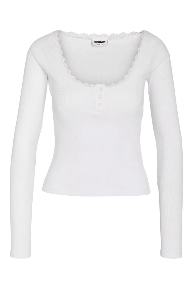 Noisy May - Nmmaya L/S Lace Henley Top - 5048368 Bright White