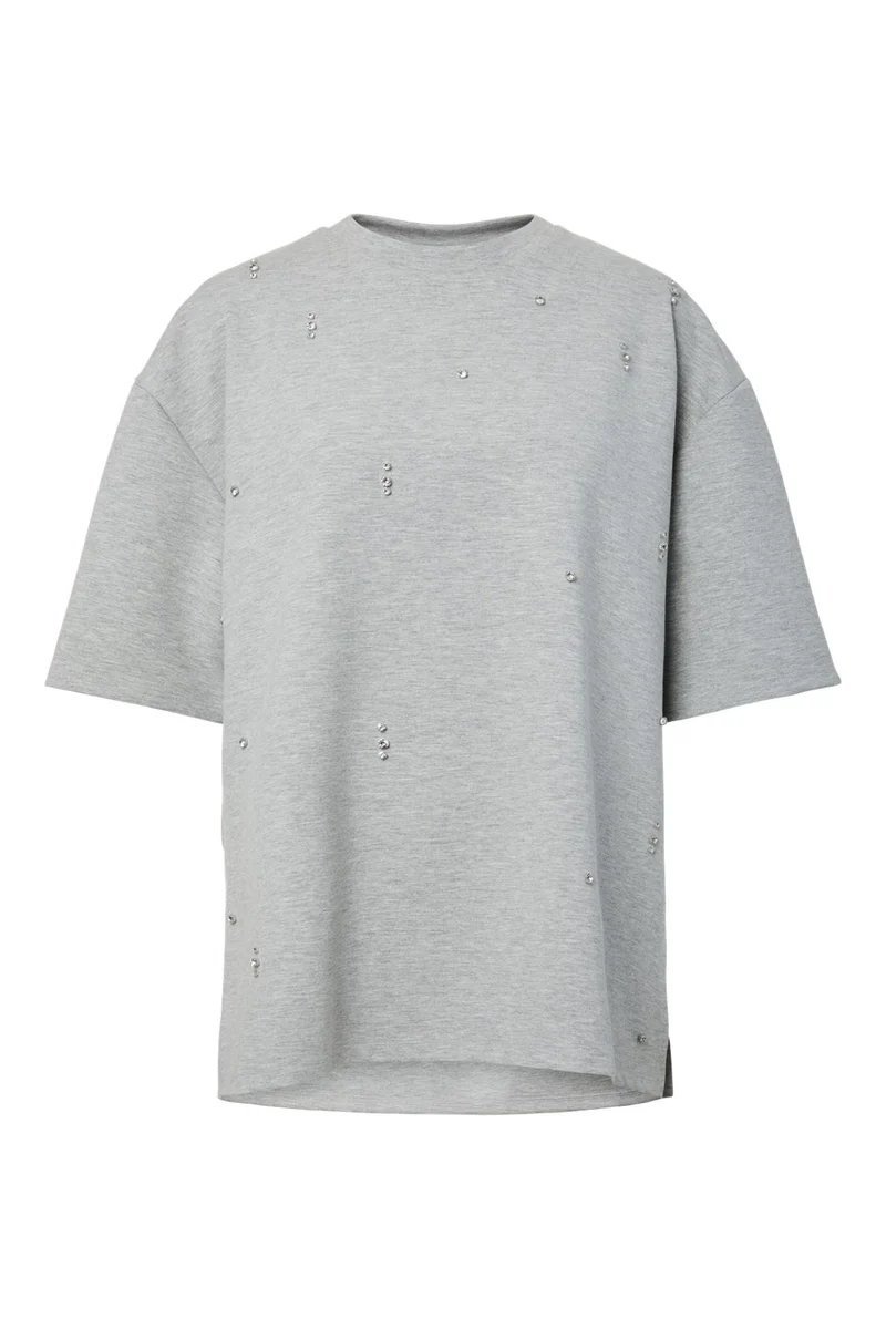 Pieces - Pcmuna Ss Oversize Detail Tee - 4993133 Medium Grey Melange Rhinestone
