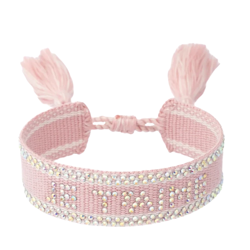 Woven Friendship Bracelet W/Crystals - "Je T'aime" White W/Light Rose