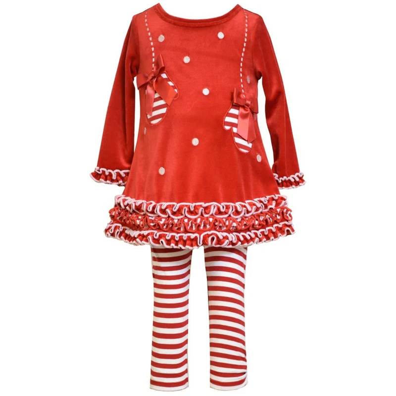 Bonnie Jean Red Velour Mitten Stripe Pant Set