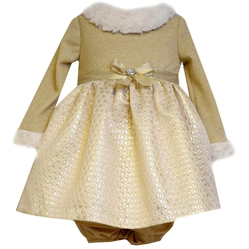 Bonnie Jean Baby Girls Gold Knit Fur Trim Dress