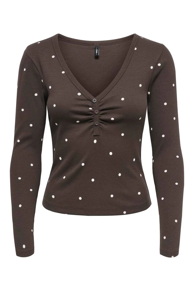 Only - Onlfenja L/S V-Neck Top - 5134740 Coffee Bean Cloud Dancer Dot