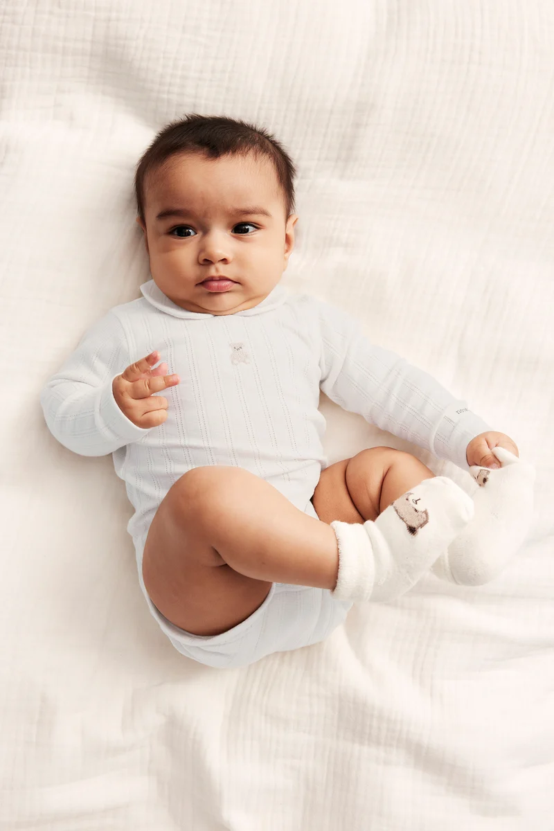 Baby white collar teddy embroidery bodysuit
