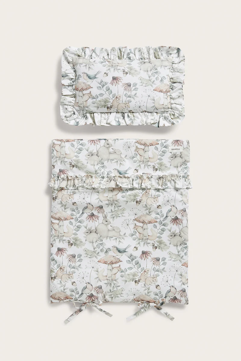 Beige forest print doll bedding