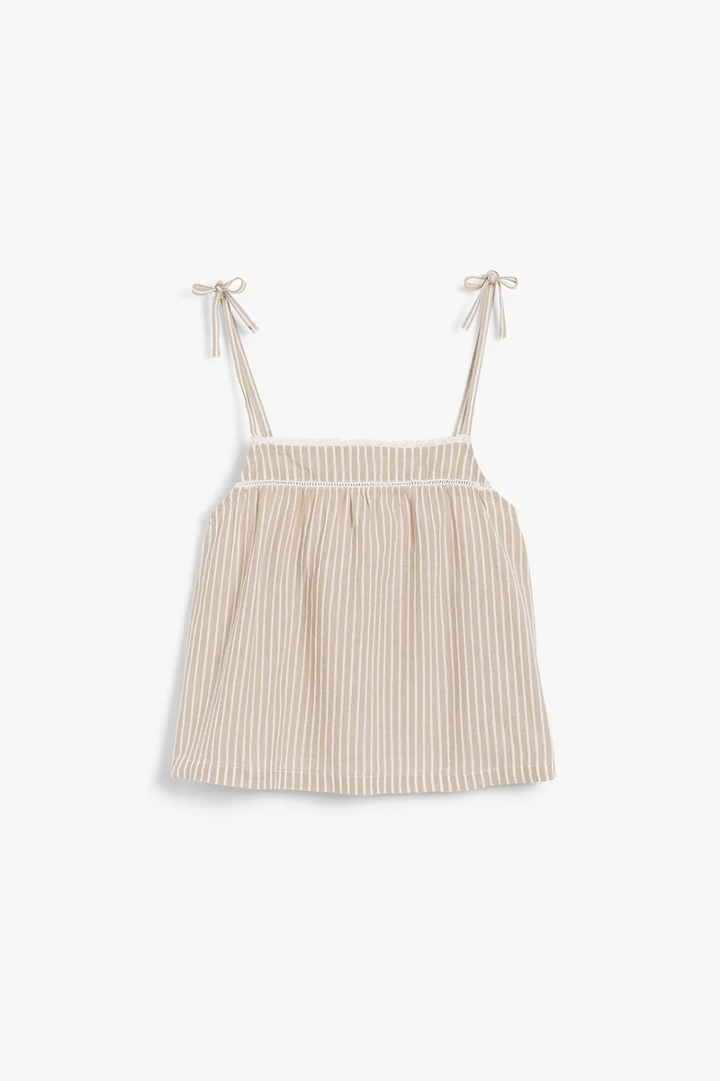 Womens beige striped tie shoulder top