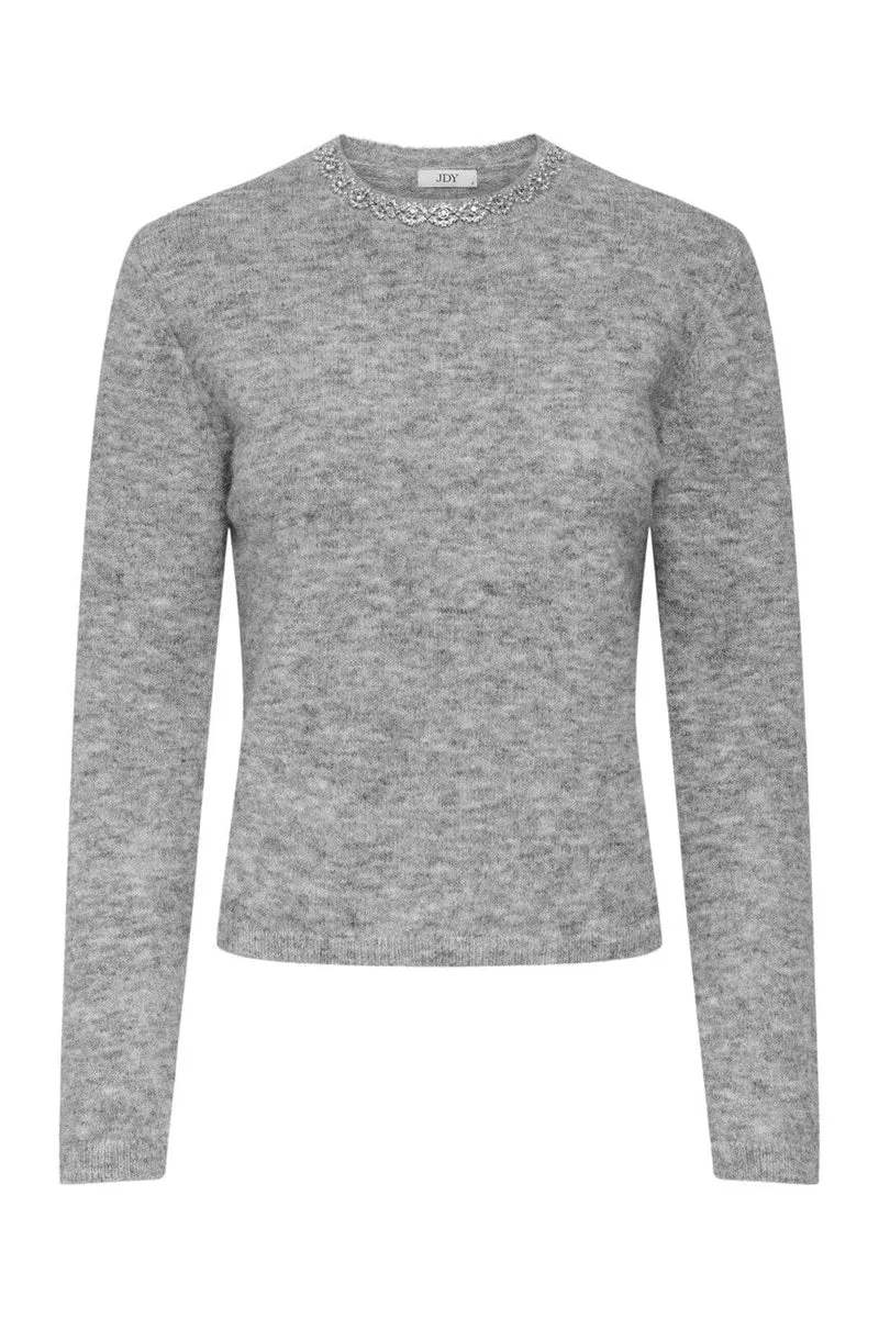 JDY - Jdyalva Life L/S Embellish Pullover Knt - 4838165 Medium Grey Melange Silver Embellishment
