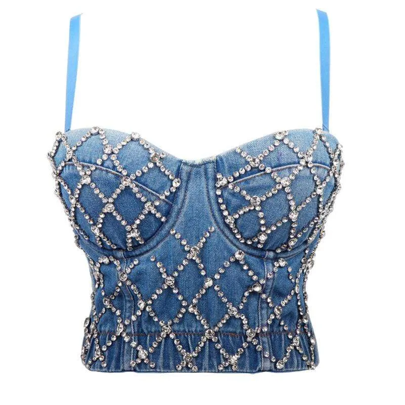 Grunge Rhomboid Beads Denim Bustiers för kvinnor