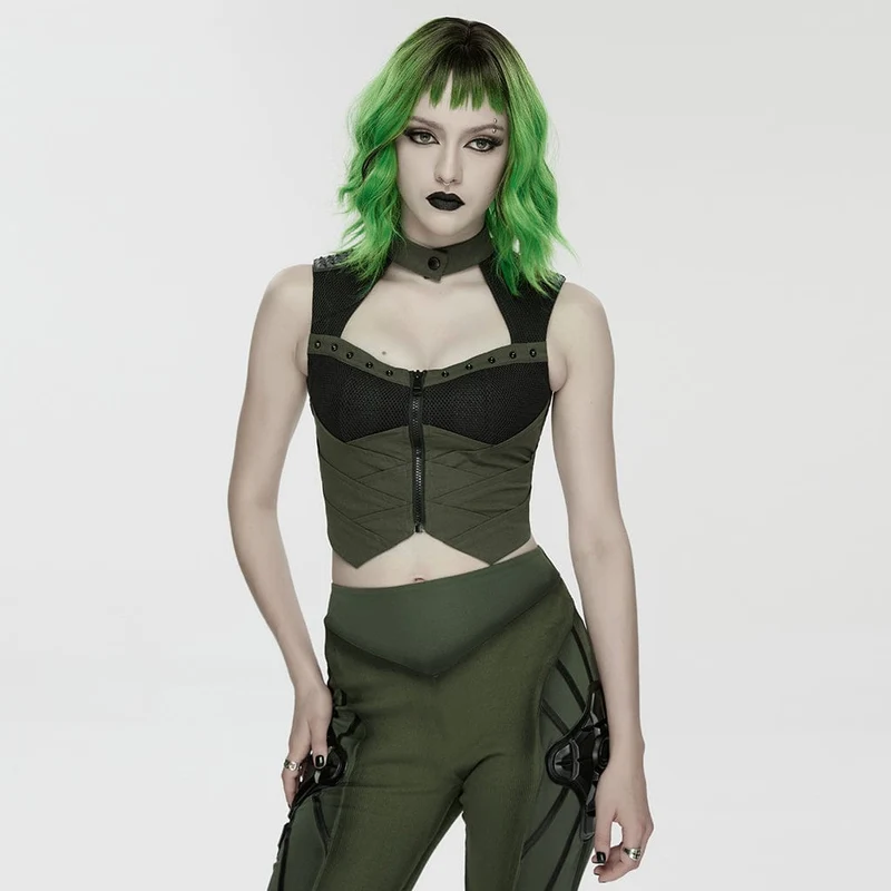 Dam Cyberpunk Cutout Studded Mekanisk Väst Svart-Grön