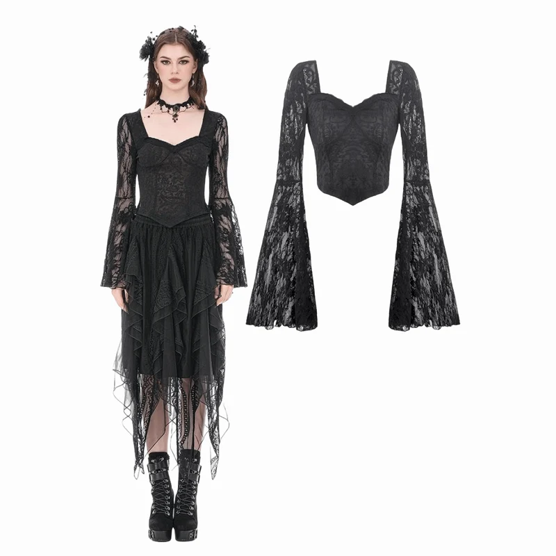 Gotisk topp med fyrkantig krage och blommig spets, klockad ärm för kvinnor