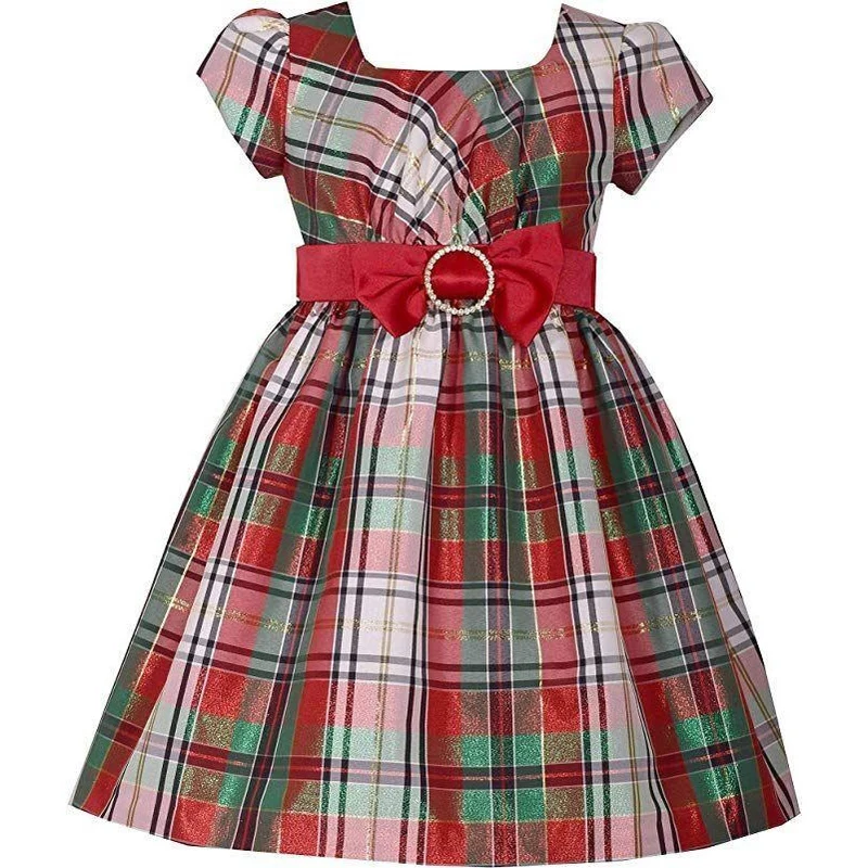 Bonnie Jean Short Sleeve Girls Christmas Dress Plaid with Waist Bow